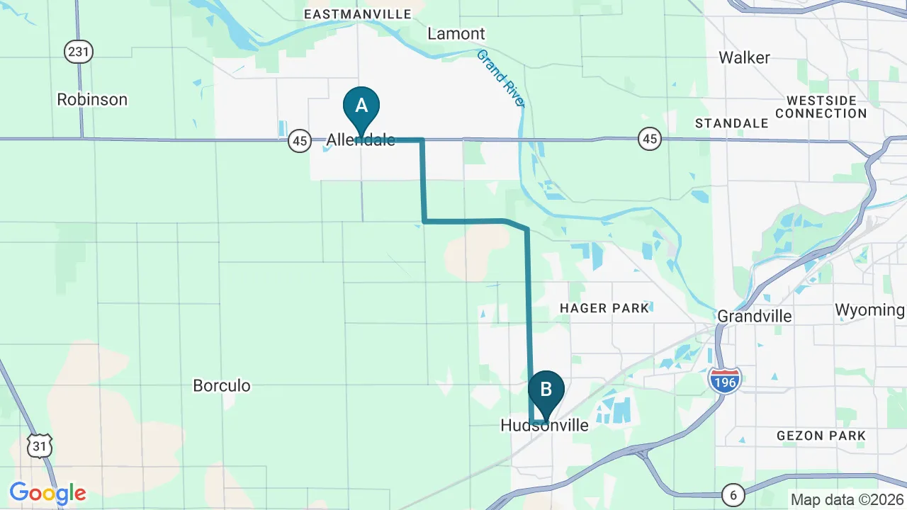 Driving directions map from Allendale, MI to Honolulu Pain Relief Center in Honolulu
