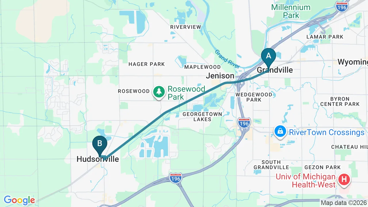 Driving directions map from Grandville, MI to Honolulu Pain Relief Center in Honolulu